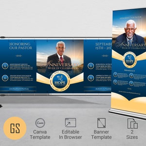 Blue & Gold Pastor Anniversary Banner Template for Canva (Digital Download)