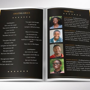 Diamond Funeral Program Word and Publisher Template has 8 Pages and features gold diamond shapes over a black background. The Print Size is 11x8.5 inches, and it Bi-Fold to 5.5x8.5 inches. A bi-fold brochure for funeral services.