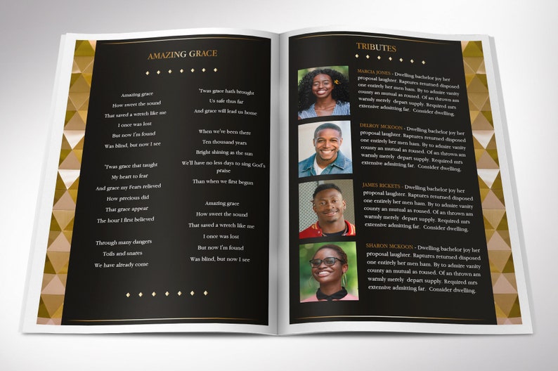 Diamond Funeral Program Word and Publisher Template has 8 Pages and features gold diamond shapes over a black background. The Print Size is 11x8.5 inches, and it Bi-Fold to 5.5x8.5 inches. A bi-fold brochure for funeral services.