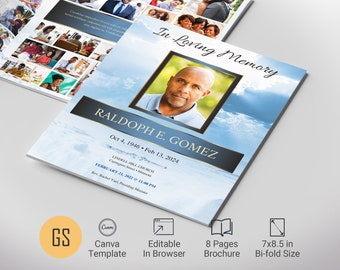 Blue Forever Legal Funeral Program Template for Canva, Celebration of Life, Obituary Template for Man, 8 Pages, 14x8.5 in