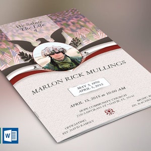 American Marine Funeral Program Template for Word and Publisher has 4 pages and features symbolic Marine colors with decorative text and imagery. The obituary template is great for memorial services and funeral services. Print Size is 11x8.5 inches
