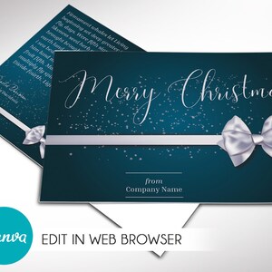 Modello di cartolina di Natale per Canva, biglietto di auguri blu argento, famiglia della chiesa, download digitale modificabile e stampabile, 2 dimensioni