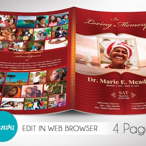 May include: A red and gold funeral program with a photo of a woman smiling. The program includes the text "In Loving Memory" and "Dr. Marie E. Meadow". The program also includes the date of the funeral service and the name of the church.