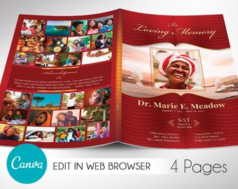 Red Gold Loving Funeral Program Template V1, Canva Template, Celebration of Life, Obituary Program, 4 Pages, 5.5x8.5 in