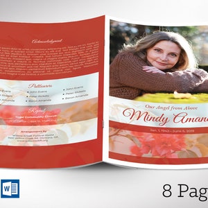 Cherry Funeral Program Word and Publisher Template has 8 pages and is designed with a Bougainvillea Flower and red cherry color. The Print Size is 11x8.5 inches, and it is Bi-fold to 5.5x8.5 inches. Designed for a funeral or memorial service.