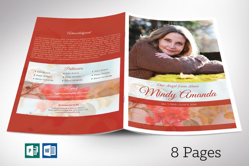 Cherry Funeral Program Word and Publisher Template has 8 pages and is designed with a Bougainvillea Flower and red cherry color. The Print Size is 11x8.5 inches, and it is Bi-fold to 5.5x8.5 inches. Designed for a funeral or memorial service.