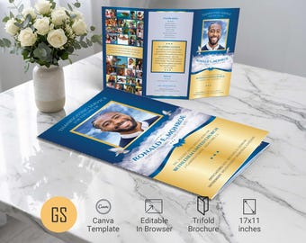 Plantilla de programa funerario Blue Ribbon para Canva: obituario conmemorativo en formato tríptico (11 x 17) descarga digital