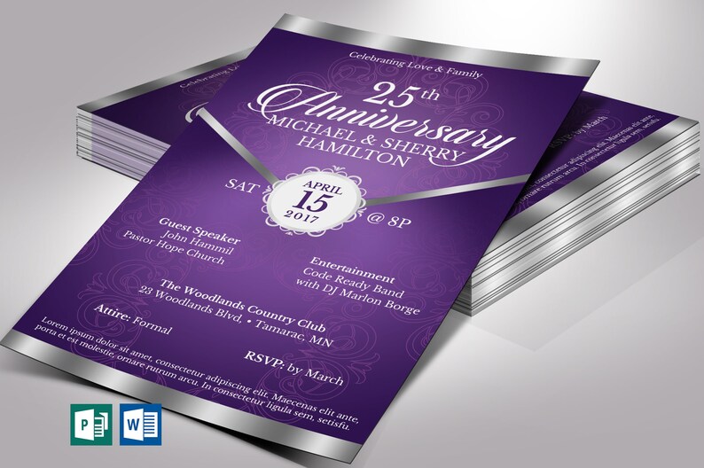 Purple Silver Anniversary Flyer Template - Word and Publisher is 5.5x8.5 inches. The Banquet Invitation is created with a deep lavender background and highlighted with silver. Great for church anniversaries, wedding anniversaries, pastor appreciation