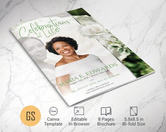 White Rose Funeral Program Template | Canva: 8 Page Bifold Memorial Obituary (5.5x8.5) Digital Download