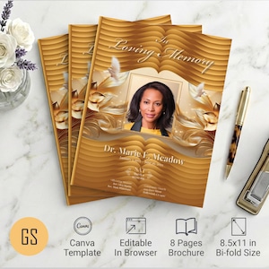 Gold & Beige Waves Funeral Program Template for Canva: 8-Page Bifold Obituary (8.5x11) Digital Download