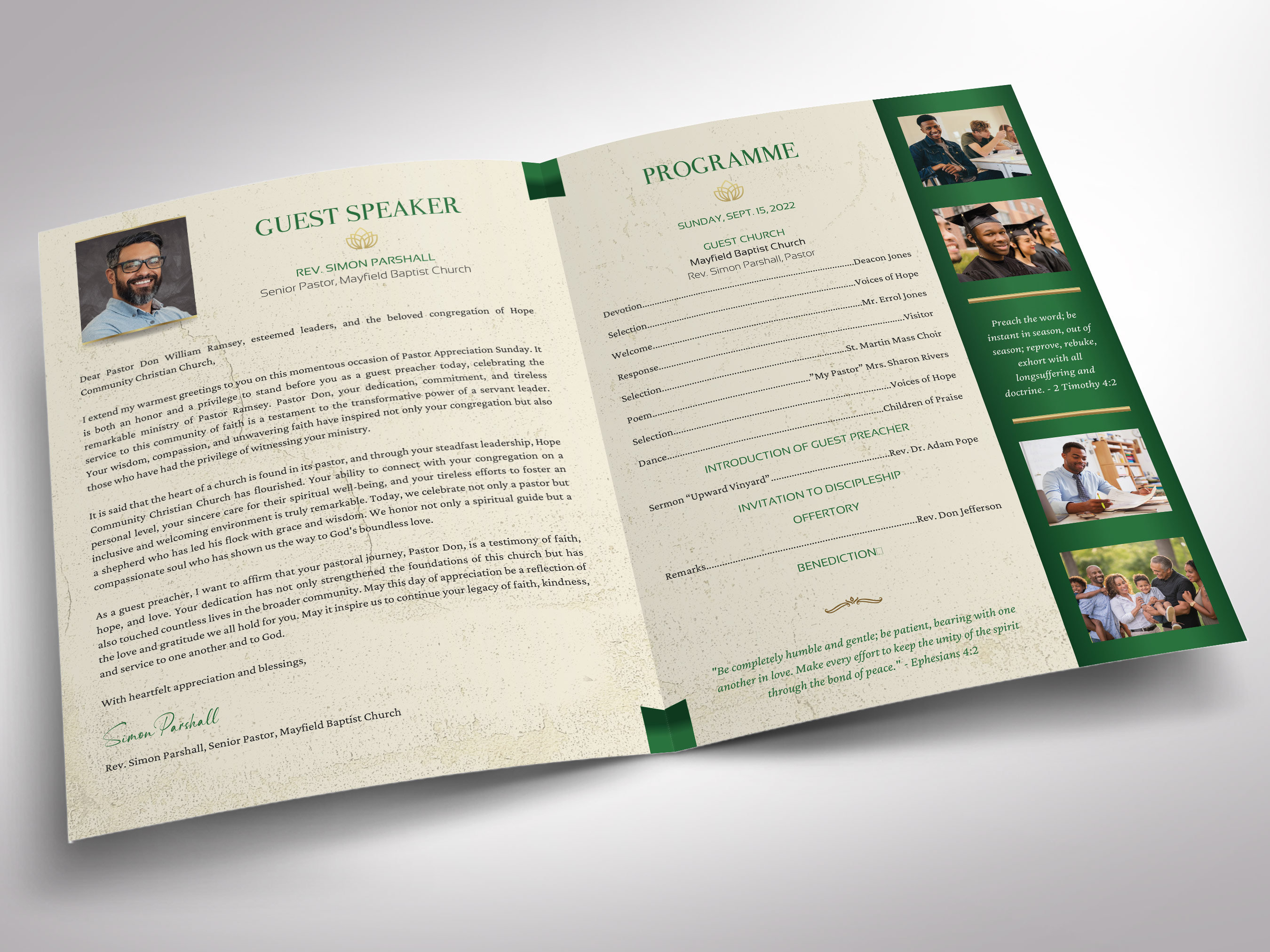 Pastor Anniversary Program Template for Canva: Green & Gold 8-page ...