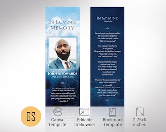 Blue Sky Funeral Bookmark Template, Canva Template, Memorial Favor for Men, Celebration of Life, Memory Card | 2.75x8 in