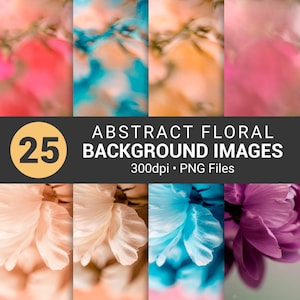 Puede incluir: Un conjunto de 25 imágenes de fondo floral abstracto en varios colores, incluyendo rosa, azul, naranja y morado. Las imágenes son archivos PNG de 300 ppp. El texto de la imagen dice "ABSTRACT FLORAL BACKGROUND IMAGES".