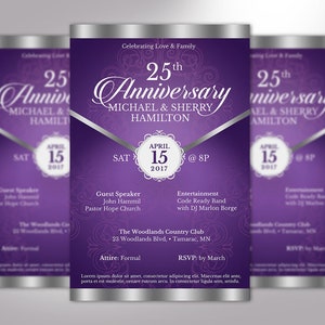 Purple Silver Anniversary Flyer Template - Word and Publisher is 5.5x8.5 inches. The Banquet Invitation is created with a deep lavender background and highlighted with silver. Great for church anniversaries, wedding anniversaries, pastor appreciation