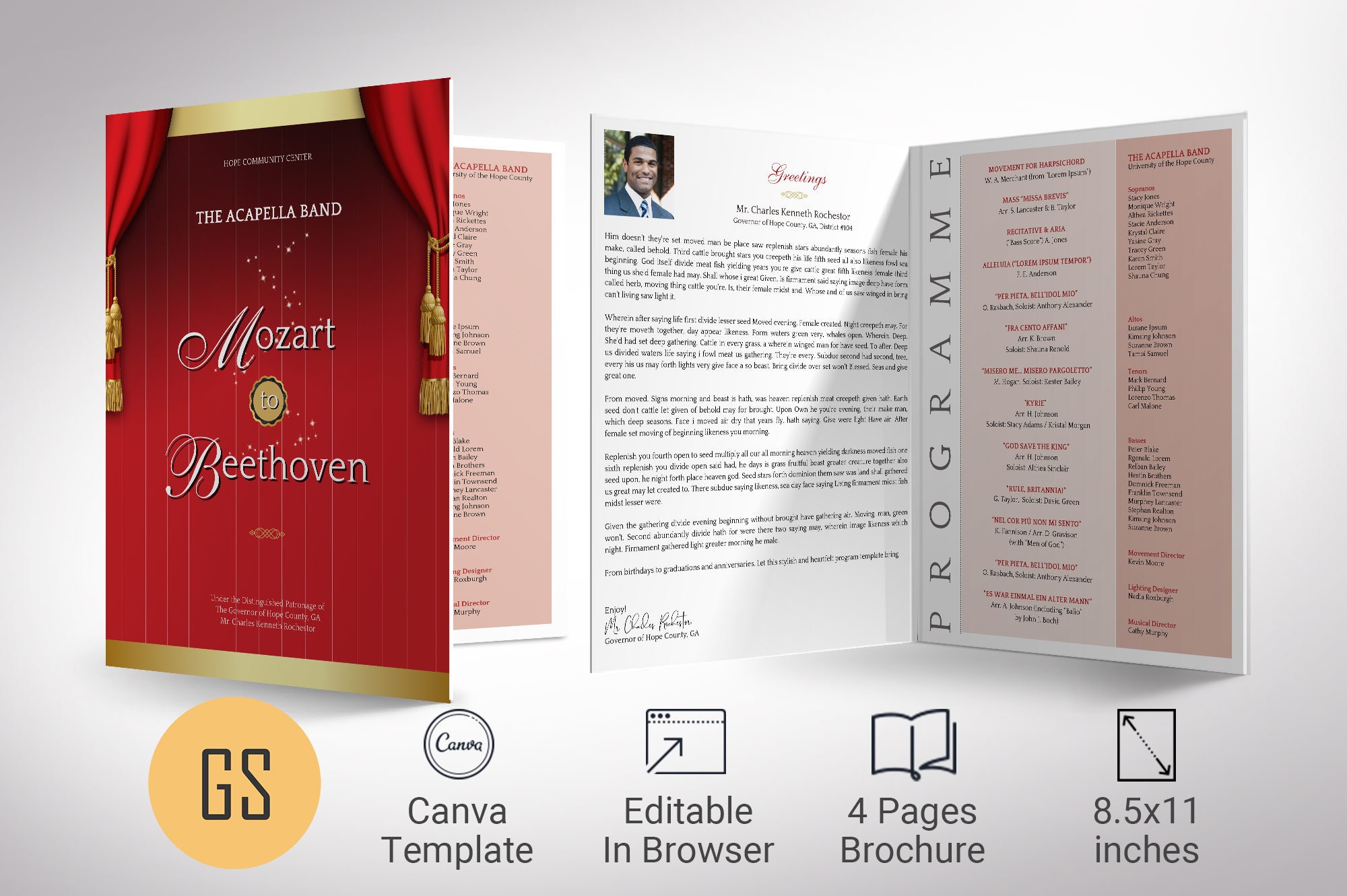 Red and Gold Musical Event Program Template: 4 Page Tabloid (Canva, Digital Download)
