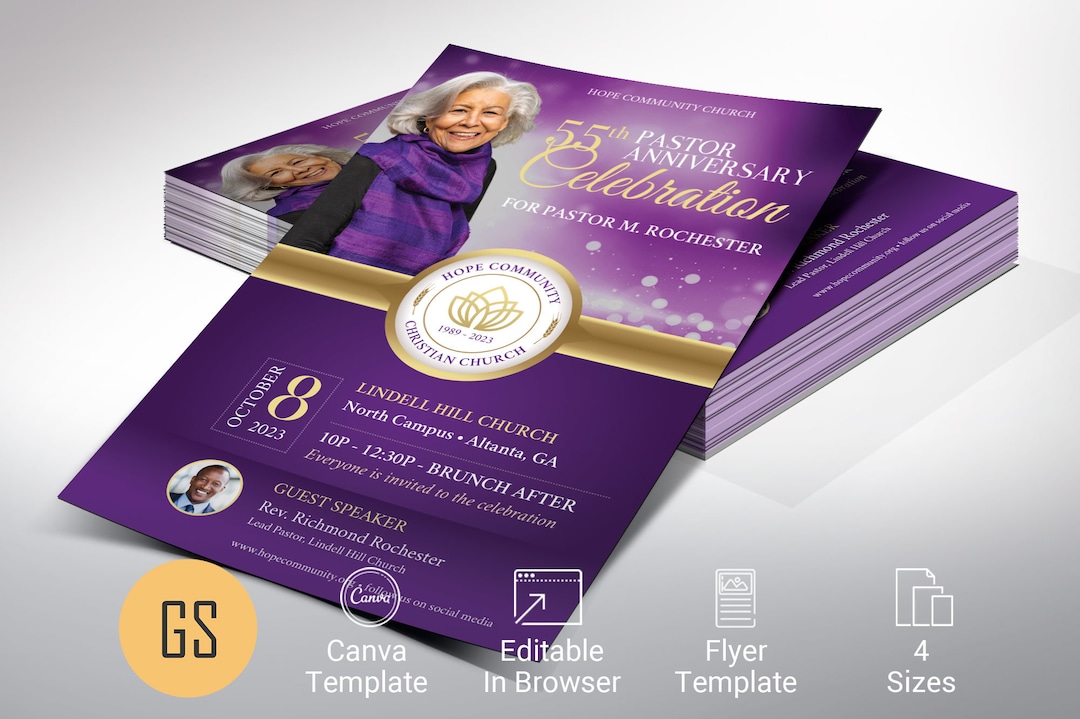 Pastor Anniversary Flyer Template for Canva, Purple and Gold, Pastor ...