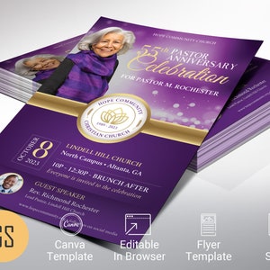 Pastor Jubiläum Flyer Vorlage für Canva, Lila und Gold, Pastor Wertschätzung, Bankett Einladung, 4 Größen