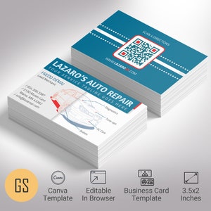May include: A blue and white business card for Lazaro's Auto Repair. The card features a stylised illustration of a car with various service points highlighted. The text on the card reads "Lazaro's Auto Repair", "Your Service Tagline Goes Here", "Fredo Demaj, Lead Mechanic", and includes contact information. The card also includes a QR code for scanning.