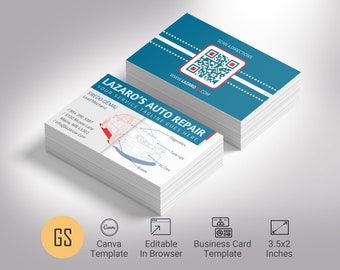 Blue Red Mechanic Business Card Template, Canva Template - Auto Repair Contact Card, Automotive Service, 3.5x2 inches