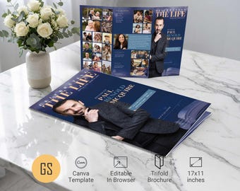Blue Bokeh Funeral Program Template: 11x17 Tabloid Trifold Magazine Obituary for Canva (Digital Download)