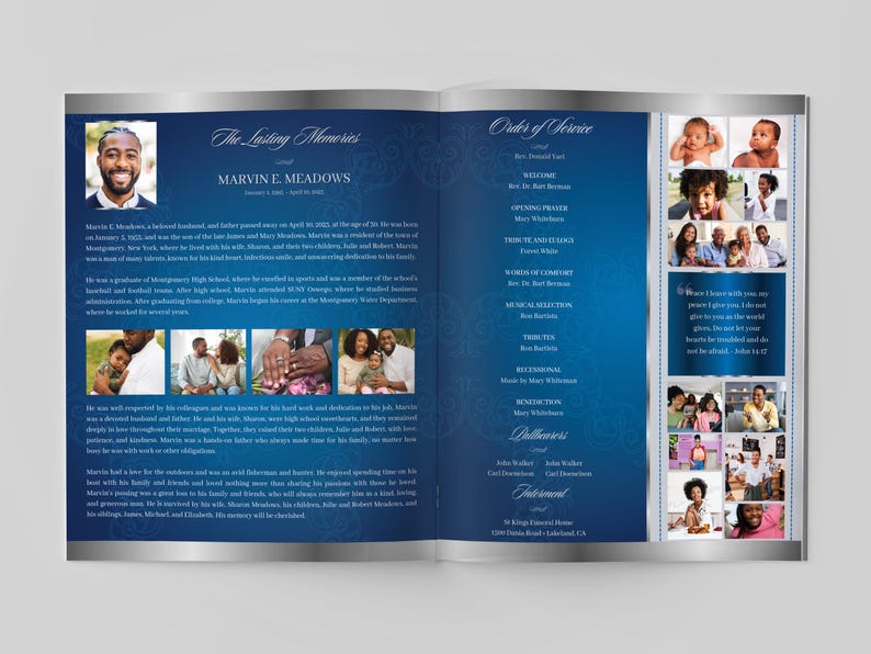 Blue Silver Funeral Program Template: 8-page Bifold Memorial Obituary