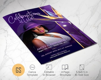 Purple Paradise Funeral Program Template: 4 Page 5.5x8.5 Bifold Obituary for Canva (Digital Download)