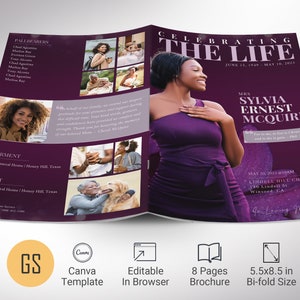 Plantilla de programa de funeral morado, Canva, bokeh morado y rosa, estilo revista, celebración de la vida, obituario de una mujer, 8 páginas, 5,5 x 8,5"