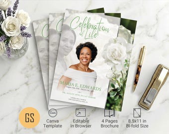 White Rose Funeral Program Template: 4 Page Tabloid Bifold Memorial Obituary Canva (8.5x11) Digital
