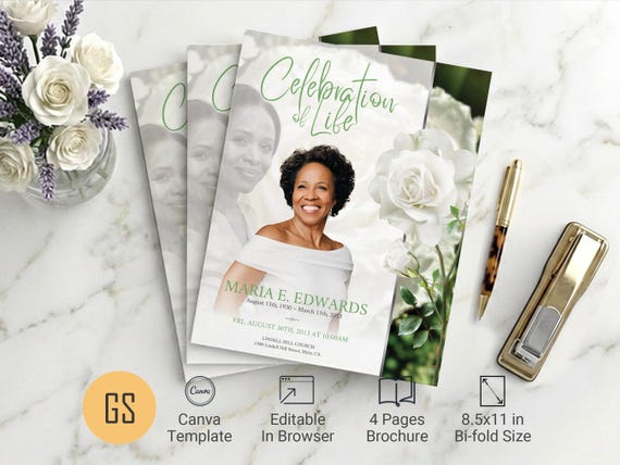 White Rose Funeral Program Template: 4 Page Tabloid Bifold Memorial Obituary Canva (8.5x11) Digital