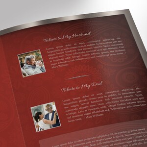 Burgundy Silver Funeral Program Tabloid Word and Publisher Template have 8 pages and feature a burgundy paisley background with silver decals. The Tabloid Print Size of 17x11 inches is Bi-Folded to 8.5x11 inches.