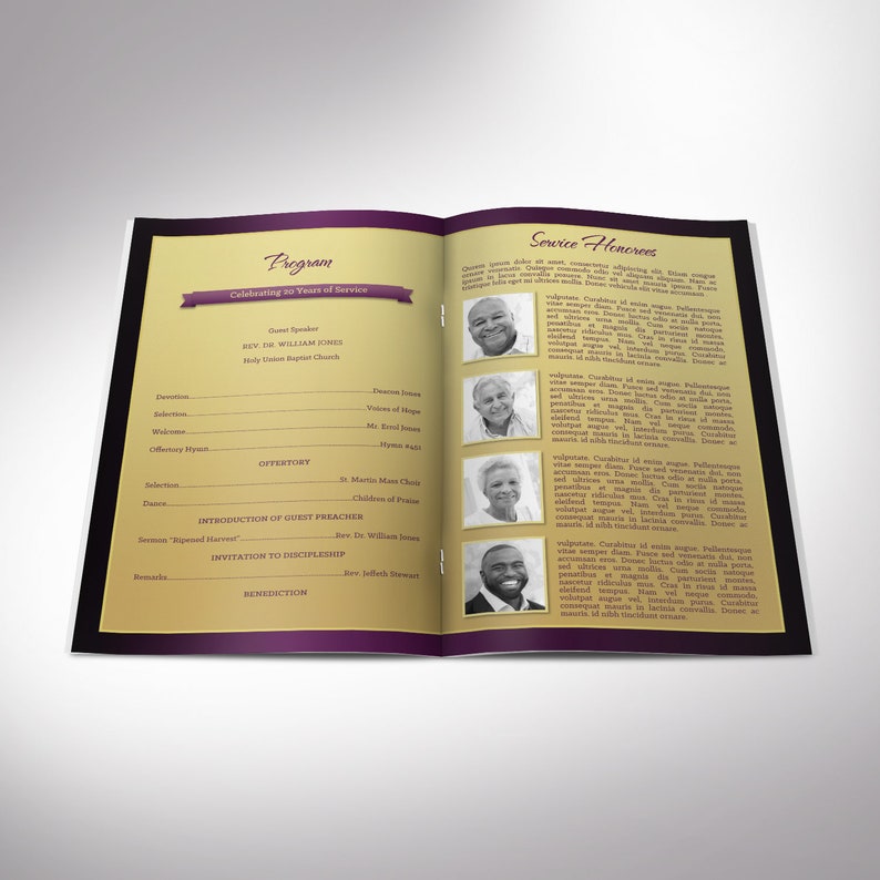 Church Anniversary Program Template Word Template, Publisher, Gold Purple Pastor Appreciation 8 Pages 5.5x8.5 in image 3