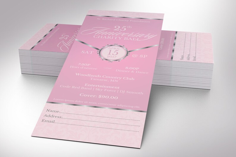 Pink Silver Anniversary Gala Ticket Template for Canva has 4 Sizes, 2x5.5, 2x6, 3x7, and 3.5 x 8.5 inches. It features a pink background with silver decals. The banquet ticket template is for any anniversary fundraiser event that has an elegant theme