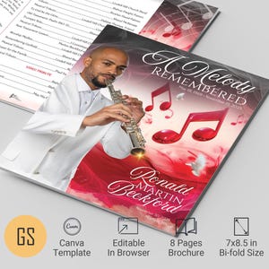 May include: A brochure titled "A Melody Remembered" with a red and white design. The brochure features a photo of a man playing a clarinet, musical notes, and the name "Ronald Martin Beckford". It is a Canva template, editable in a browser, 8 pages, and 7x8.5 inches in bi-fold size.