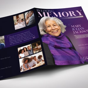 A magazine-style funeral program. Twilight Tabloid Funeral Program Template for Canva (8 pages, 17x11 inches, bifold to 8.5x11 inches). This expressively designed twilight purple celebration of life bi-fold brochure