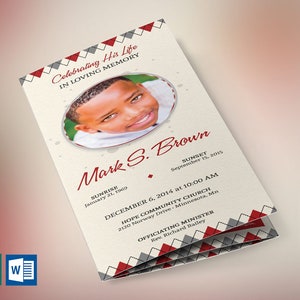 May include: A folded memorial program with a photo of a smiling person. The program features text in burgundy and black, including the name "Mark S. Brown" and the dates of birth and passing. The design includes decorative borders.