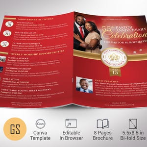 Pastor Appreciation Program Template: Red Gold Church Anniversary (Canva, 5.5x8.5&quot; Bifold)