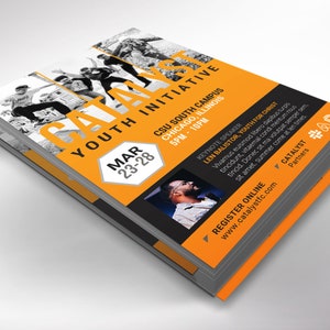 Catalyst Youth Flyer Template for Canva has 2 Print Sizes (4x6 and 5.5x8.5 inches). The youth summit flyer is designed with bold orange colors and geometric shapes. Great for any kind of youth summit, convention, camp