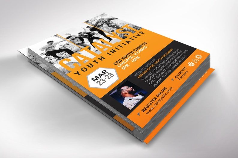 Catalyst Youth Flyer Template for Canva has 2 Print Sizes (4x6 and 5.5x8.5 inches). The youth summit flyer is designed with bold orange colors and geometric shapes. Great for any kind of youth summit, convention, camp