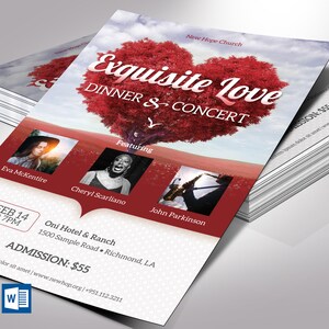 Modelo de folheto para show do Dia dos Namorados, Word e Publisher, Coração Vermelho, Cartão de Convite, Convite para Banquete, Digital Editável para Impressão, 4x6"