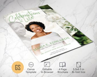 White Rose Funeral Program Template | Canva: 4 Page Bifold Memorial Obituary (5.5x8.5) Digital Download