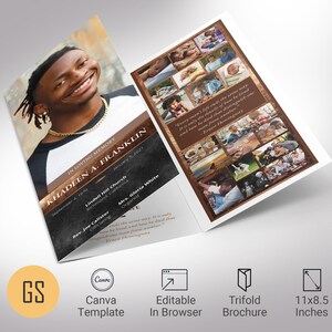 Plantilla de programa funerario de cobre tríptico para Canva, marrón y negro, editable digitalmente, celebración de la vida, plantilla de obituario para hombres, 11 x 8,5 pulgadas