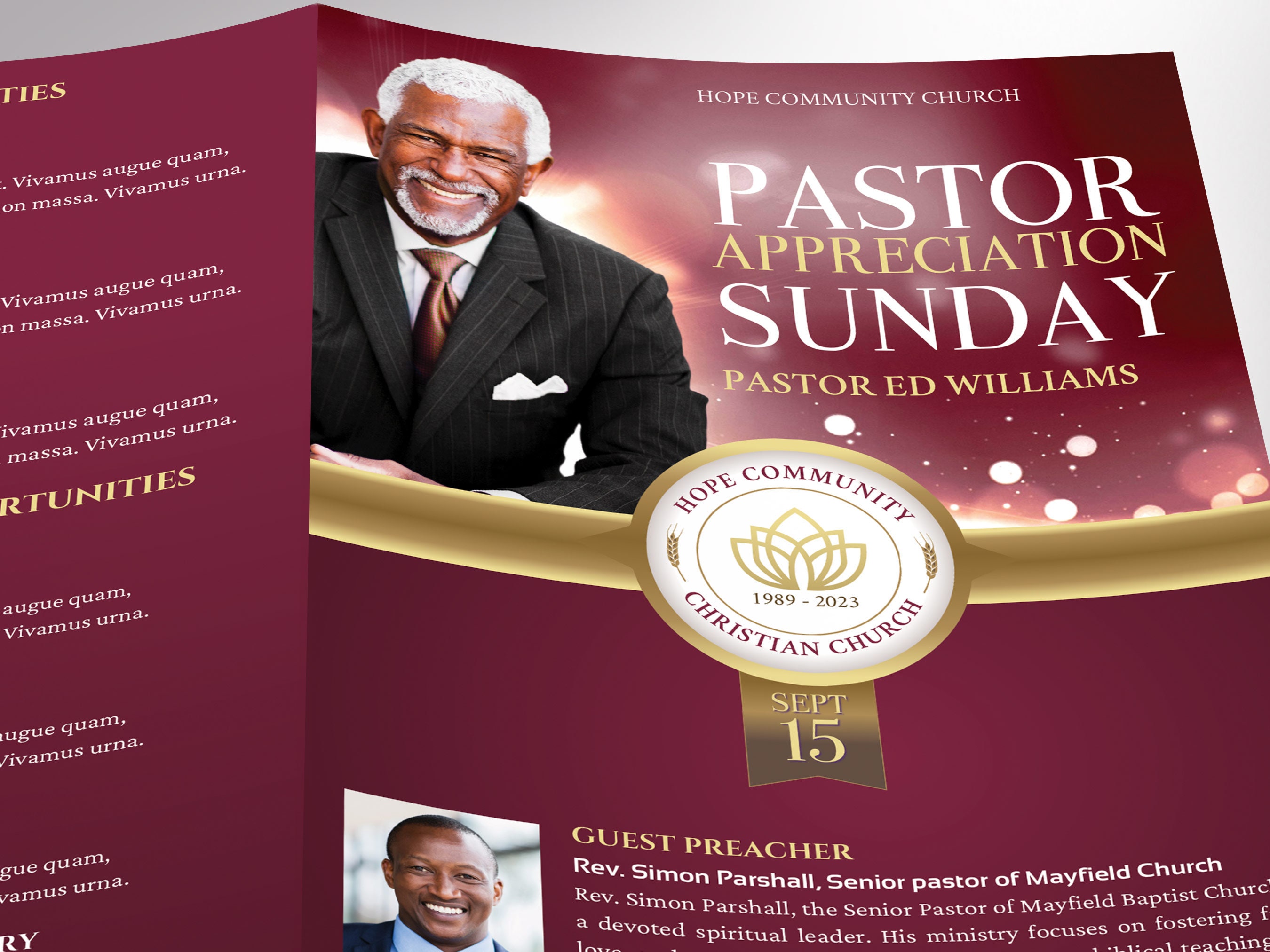 Pastor Appreciation Program Template: Burgundy Gold Church Event (canva ...