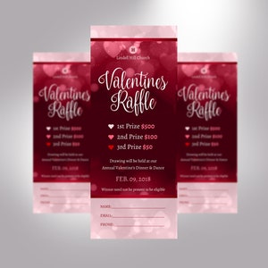 Red Pink Valentines Day Raffle Ticket Template, Word Template, Publisher, Fundraiser Event, Size 2.25x6 inches image 3