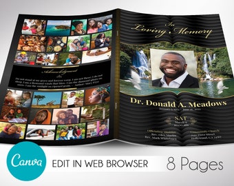 Loving Funeral Program Template V1, Canva Template - Black | Celebration of Life, Obituary Program, 8 Pages, 5.5x8.5 in