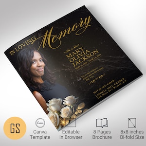 Classic Rose Funeral Programm Vorlage, Canva, Quadratisch Schwarz Gold, Magazin-Stil, Nachruf Vorlage für Frauen, Feier des Lebens, 8 Seiten