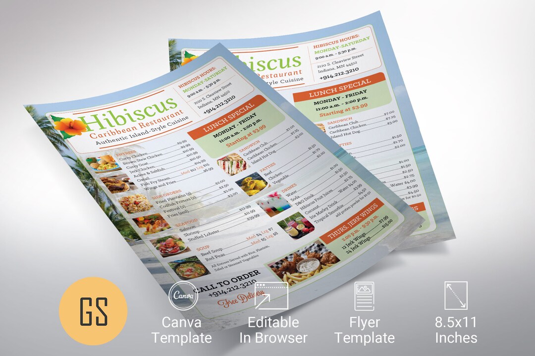 Caribbean Restaurant Menu Template for Canva - Green and Orange ...