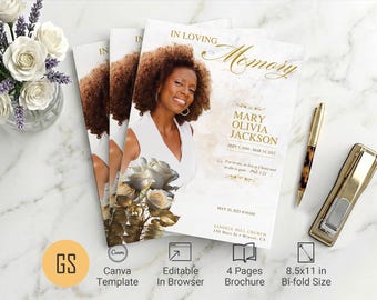 White Rose Funeral Program Canva Template 4 Page 8.5x11 Gold Obituary Booklet (Digital Download)