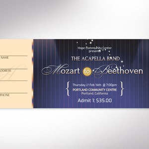 Musical Event Ticket Template Blue Gold, Word Template, Publisher V1, Blue Beige, Concert Ticket, Church Event, 6x2 in image 4