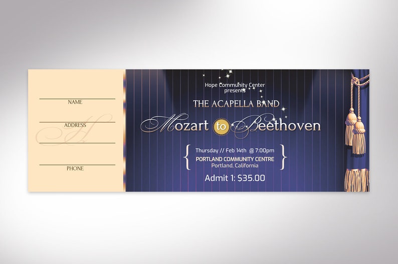 Musical Event Ticket Template Blue Gold, Word Template, Publisher V1, Blue Beige, Concert Ticket, Church Event, 6x2 in image 4