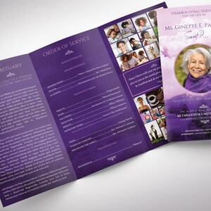 Purple Sky Funeral Program Legal Trifold Template for Canva features a purple flourishing landscape with beautiful ornaments, doves, and a pink sky. It is a Legal Size (Print Size 14x8.5 inches) and it Trifold to 4.75x8.5 inches.